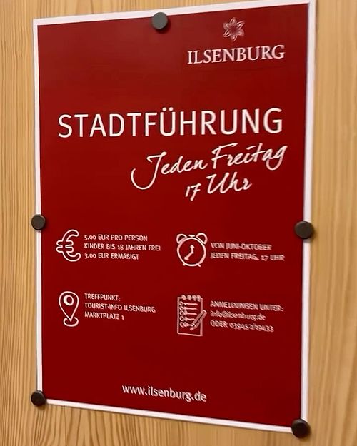 Habt ihr schon gehört?

Bei uns in Ilsenburg gibt es jetzt jeden Freitag um 17 Uhr eine Stadtführung!ℹ️

Neugierig?👀...