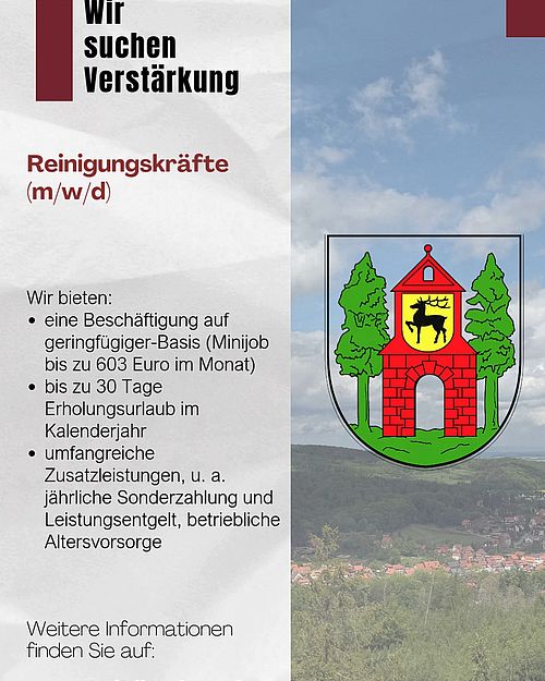 Wir suchen Reinigungskräfte (m/w/d) für unterschiedlichen Bereiche der Stadt Ilsenburg (Harz) . Die Bewerbungsunterlagen...
